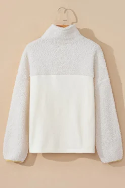 Clearance Dear-Lover Fleece Colorblock Trim Buttons Collar Sweatshirt with Pocket Beige