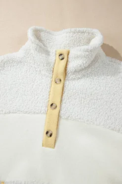 Clearance Dear-Lover Fleece Colorblock Trim Buttons Collar Sweatshirt with Pocket Beige