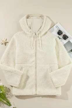 Outlet Dear-Lover Fleece Zip Up Drawstring Hooded Pocketed Jacket Beige
