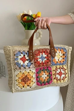 Best Dear-Lover Floral Crochet Large Square Tote Bag Beige