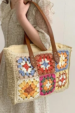 Best Dear-Lover Floral Crochet Large Square Tote Bag Beige