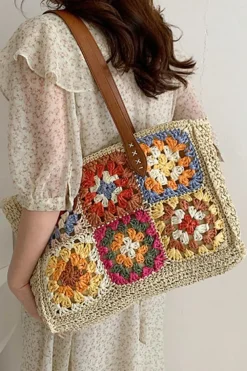 Best Dear-Lover Floral Crochet Large Square Tote Bag Beige