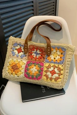Best Dear-Lover Floral Crochet Large Square Tote Bag Beige