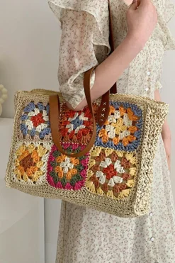 Best Dear-Lover Floral Crochet Large Square Tote Bag Beige