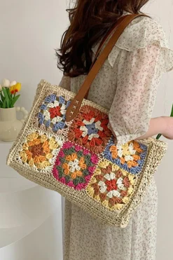 Best Dear-Lover Floral Crochet Large Square Tote Bag Beige