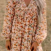 Online Dear-Lover Floral Deep V Neck Smocked Bust Bubble Sleeve Babydoll Dress Beige