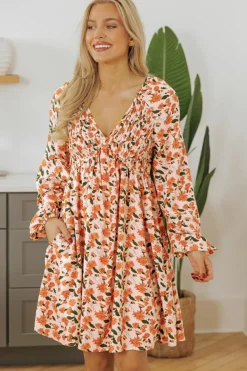 Online Dear-Lover Floral Deep V Neck Smocked Bust Bubble Sleeve Babydoll Dress Beige