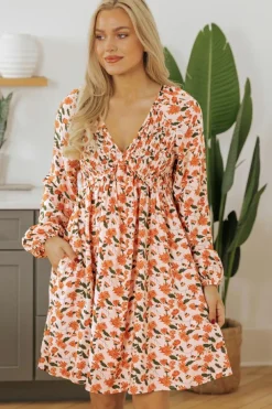 Online Dear-Lover Floral Deep V Neck Smocked Bust Bubble Sleeve Babydoll Dress Beige