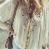 Online Dear-Lover Floral Embroidered Textured Puff Sleeve Loose Shirt Beige
