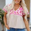 Discount Dear-Lover Floral Embroidered Short Sleeve Notched V Neck Blouse Beige