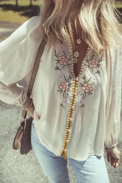 Online Dear-Lover Floral Embroidered Textured Puff Sleeve Loose Shirt Beige