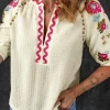 Hot Dear-Lover Floral Embroidered Ricrac Puff Sleeve Textured Blouse Beige