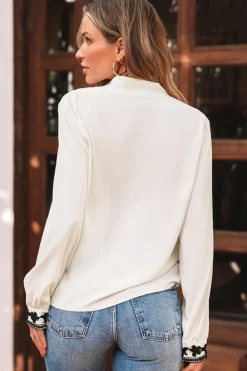 Fashion Dear-Lover Floral Embroidered Stand Neck Buttoned Shirt Beige