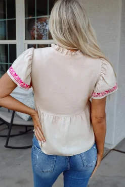 Discount Dear-Lover Floral Embroidered Short Sleeve Notched V Neck Blouse Beige