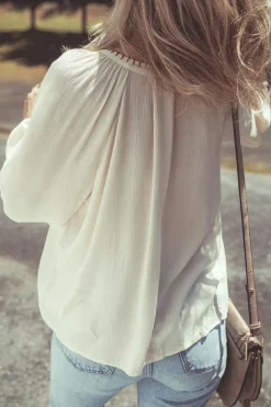 Online Dear-Lover Floral Embroidered Textured Puff Sleeve Loose Shirt Beige