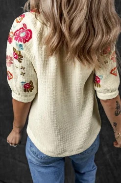 Hot Dear-Lover Floral Embroidered Ricrac Puff Sleeve Textured Blouse Beige