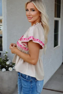 Discount Dear-Lover Floral Embroidered Short Sleeve Notched V Neck Blouse Beige