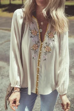 Online Dear-Lover Floral Embroidered Textured Puff Sleeve Loose Shirt Beige