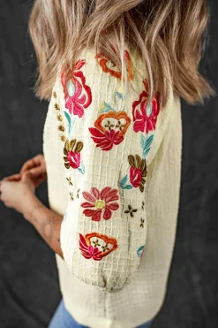 Hot Dear-Lover Floral Embroidered Ricrac Puff Sleeve Textured Blouse Beige