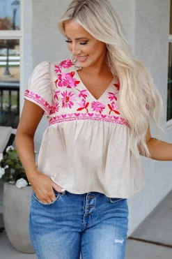 Discount Dear-Lover Floral Embroidered Short Sleeve Notched V Neck Blouse Beige