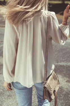 Online Dear-Lover Floral Embroidered Textured Puff Sleeve Loose Shirt Beige