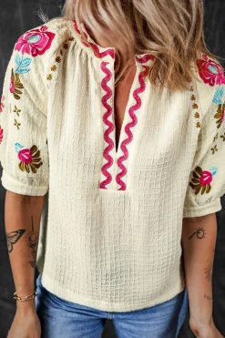 Hot Dear-Lover Floral Embroidered Ricrac Puff Sleeve Textured Blouse Beige