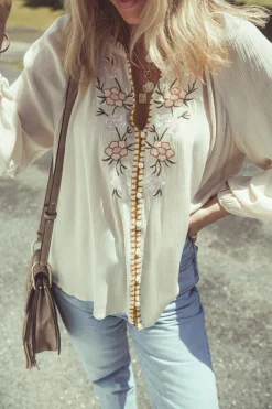 Online Dear-Lover Floral Embroidered Textured Puff Sleeve Loose Shirt Beige