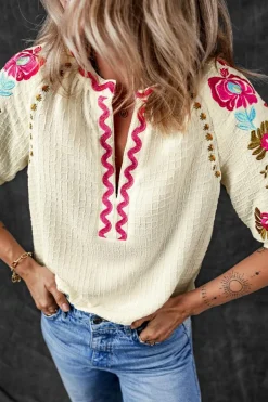 Hot Dear-Lover Floral Embroidered Ricrac Puff Sleeve Textured Blouse Beige