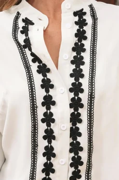 Fashion Dear-Lover Floral Embroidered Stand Neck Buttoned Shirt Beige