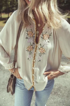 Online Dear-Lover Floral Embroidered Textured Puff Sleeve Loose Shirt Beige