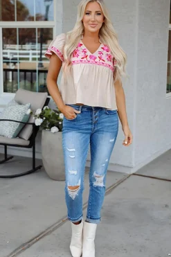 Discount Dear-Lover Floral Embroidered Short Sleeve Notched V Neck Blouse Beige