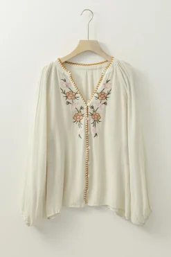 Online Dear-Lover Floral Embroidered Textured Puff Sleeve Loose Shirt Beige