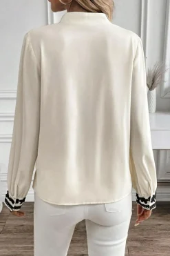Fashion Dear-Lover Floral Embroidered Stand Neck Buttoned Shirt Beige