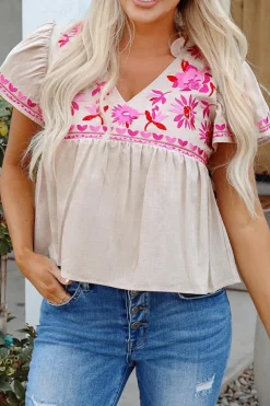 Discount Dear-Lover Floral Embroidered Short Sleeve Notched V Neck Blouse Beige