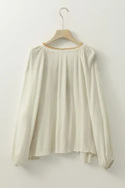 Online Dear-Lover Floral Embroidered Textured Puff Sleeve Loose Shirt Beige