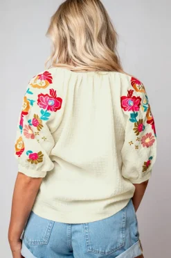 Hot Dear-Lover Floral Embroidered Ricrac Puff Sleeve Textured Blouse Beige