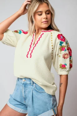 Hot Dear-Lover Floral Embroidered Ricrac Puff Sleeve Textured Blouse Beige