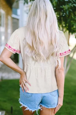 Discount Dear-Lover Floral Embroidered Short Sleeve Notched V Neck Blouse Beige