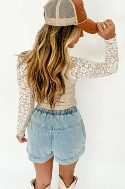 Best Dear-Lover Floral Lace Patchwork Long Sleeve High Neck Slim Top Beige