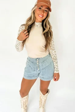 Best Dear-Lover Floral Lace Patchwork Long Sleeve High Neck Slim Top Beige