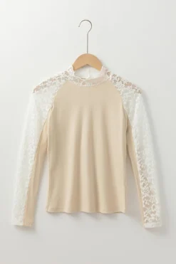 Best Dear-Lover Floral Lace Patchwork Long Sleeve High Neck Slim Top Beige