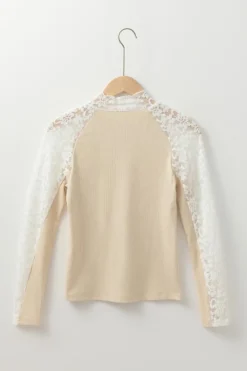 Best Dear-Lover Floral Lace Patchwork Long Sleeve High Neck Slim Top Beige