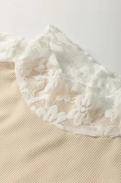 Best Dear-Lover Floral Lace Patchwork Long Sleeve High Neck Slim Top Beige