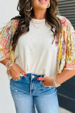 Best Dear-Lover Floral Patchwork Half Batwing Sleeve Blouse Beige