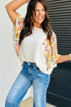 Best Dear-Lover Floral Patchwork Half Batwing Sleeve Blouse Beige