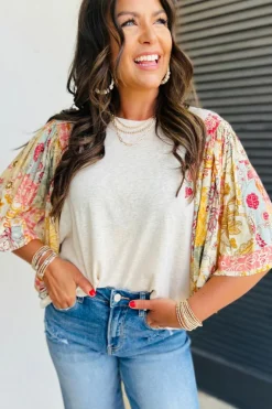 Best Dear-Lover Floral Patchwork Half Batwing Sleeve Blouse Beige