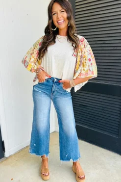 Best Dear-Lover Floral Patchwork Half Batwing Sleeve Blouse Beige
