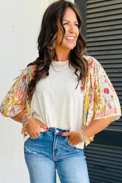 Best Dear-Lover Floral Patchwork Half Batwing Sleeve Blouse Beige