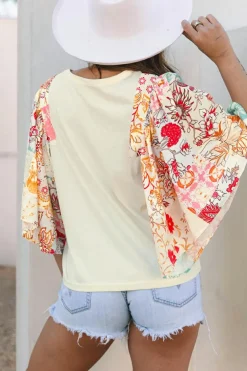 Best Dear-Lover Floral Patchwork Half Batwing Sleeve Blouse Beige