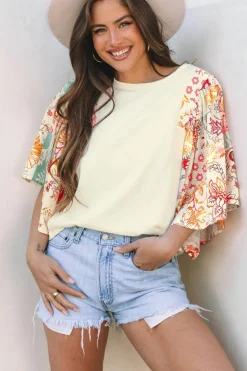 Best Dear-Lover Floral Patchwork Half Batwing Sleeve Blouse Beige